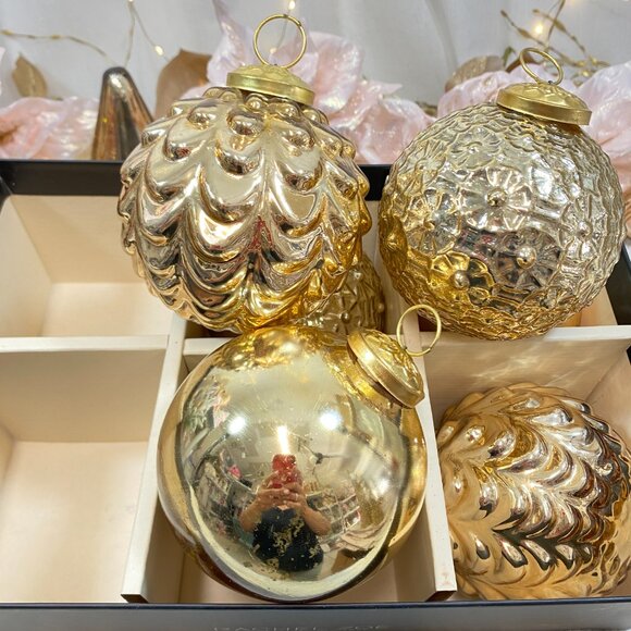 Rachel Zoe Gold Blown Glass Oversized Christmas Holiday Ornaments Embossed 6 - Picture 1 of 13